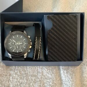 Black Chronograph Watch Gift Set with Card Holder